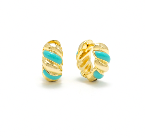 Lover's Tempo Croissant Enamel Huggie Hoop Earrings: Gold & Teal