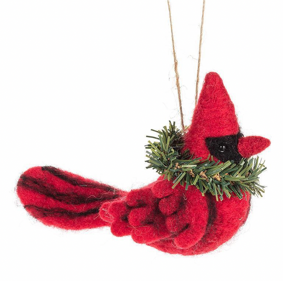 Felted Cardinal with Wreath Ornament