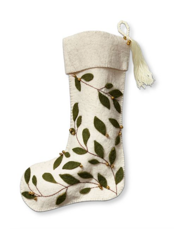 Balsam Garland Ivory Stocking with Bells