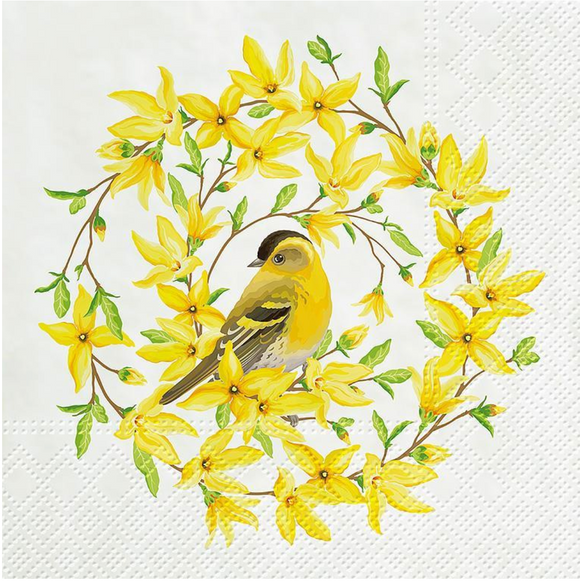 Luncheon Napkin - Forsythia Wreath and Bird
