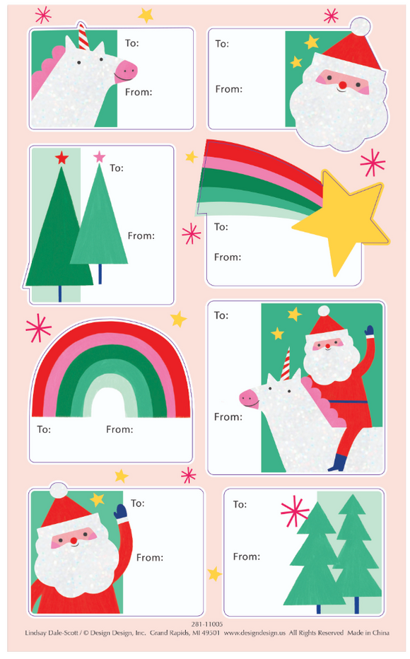 Holiday Sticky Gift Labels - Rainbow Santa Unicorn