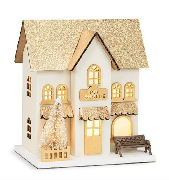 Small Snowy Golden Toy Shoppe with LED Lights