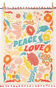 Peace & Love Tea Towel with PomPom Trim