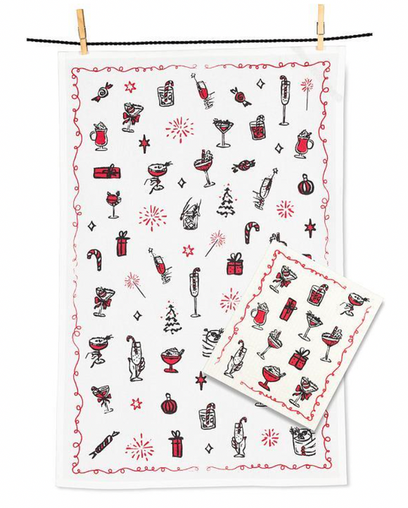 Holiday Cocktails Kitchen Towel & Swedish Dishcloth Set