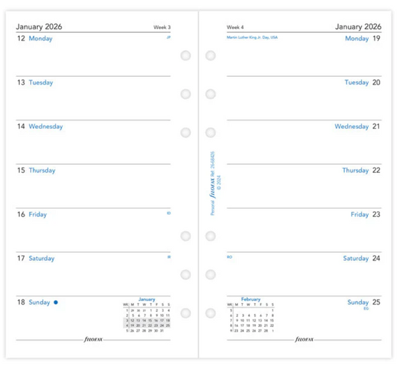 Personal 2026 Week on One Page Dairy