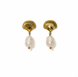 Lover's Tempo Shell & Pearl Drop Earrings: Waterproof Gold