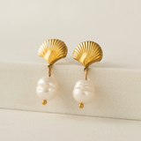 Lover's Tempo Shell & Pearl Drop Earrings: Waterproof Gold