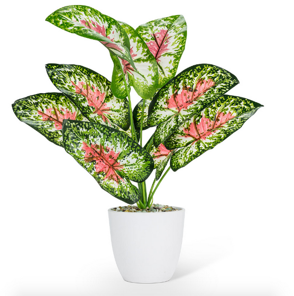 Large Faux Pink & Green Leafy Plant